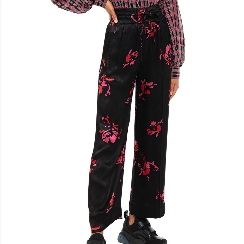 COPY - GANNI Floral Print Satin Crepe Wide Leg Pant in Black